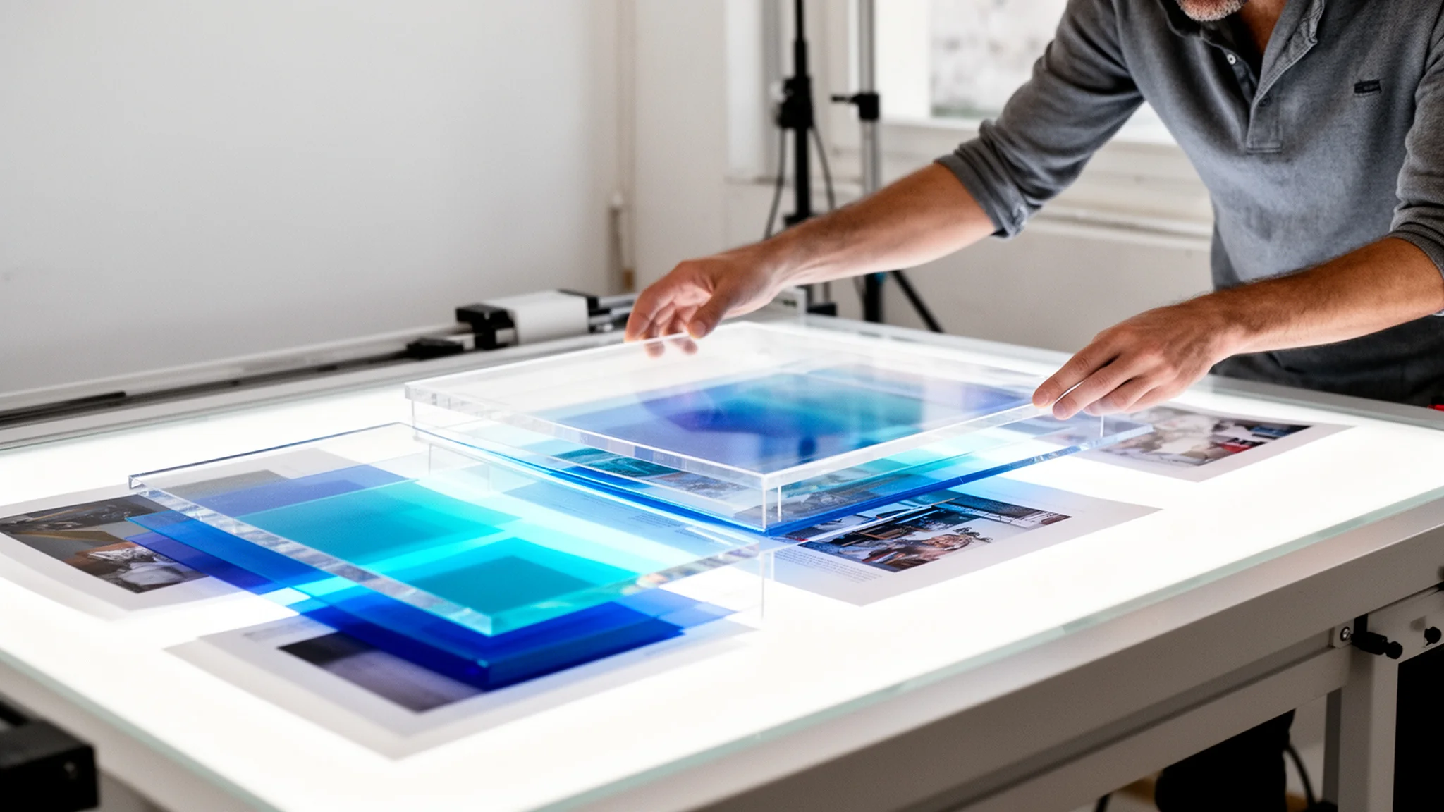 Des mains alignent des calques transparents sur une table lumineuse dans un studio de production.